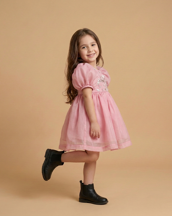Baby Pink Tissue Girls Party Dress with Puff Sleeves & Floral Embroidery