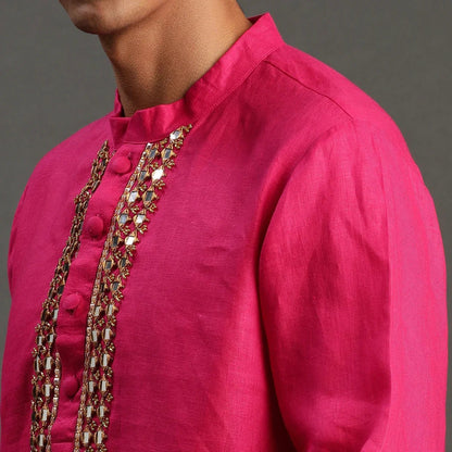 Fuchsia Pink Linen Kurta Pyjama Set for Men - BYB PREMIUM