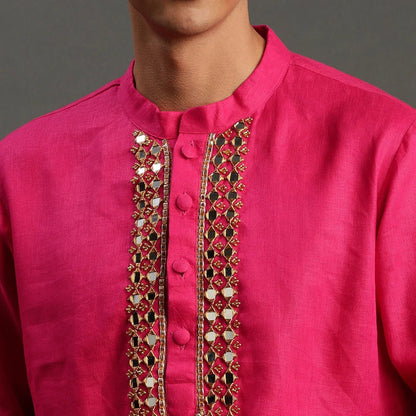 Fuchsia Pink Linen Kurta Pyjama Set for Men - BYB PREMIUM