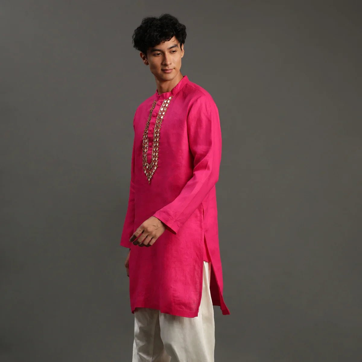 Fuchsia pink linen kurta pyjama set for men   byb premium