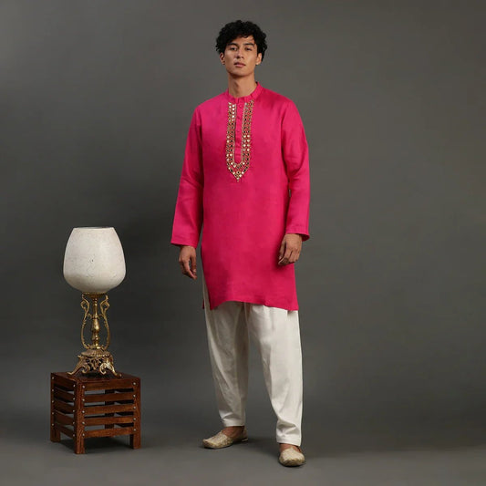 Fuchsia Pink Linen Kurta Pyjama Set for Men - BYB PREMIUM