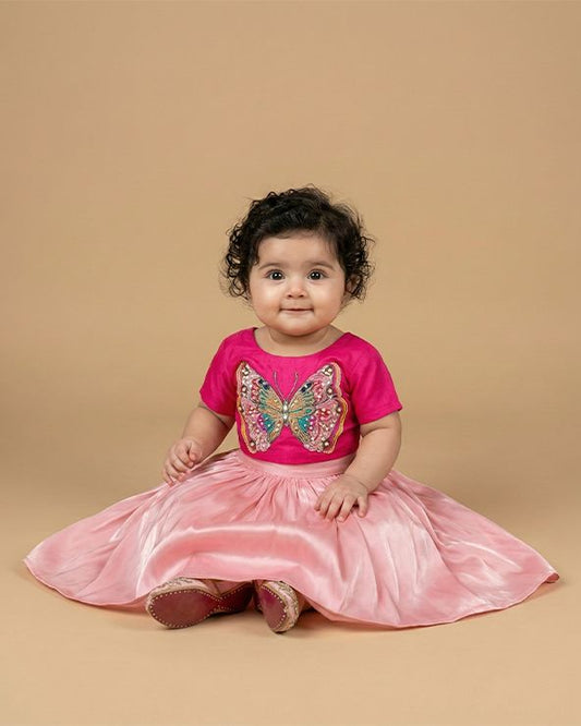 Fuchsia Pink Tissue Silk Lehenga Set with Butterfly Embroidery for Baby Girls - BYB PREMIUM
