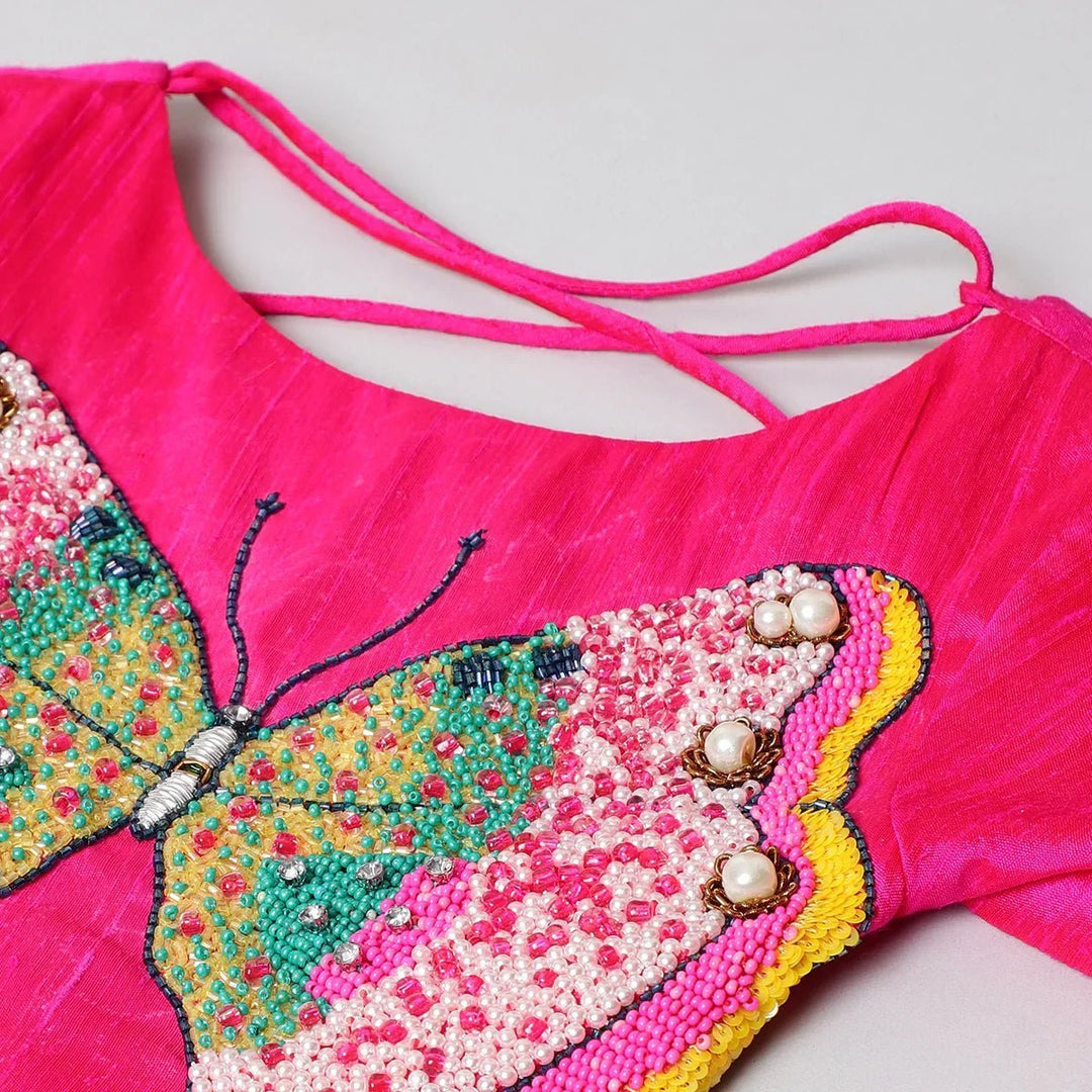 Fuchsia Pink Tissue Silk Lehenga Set with Butterfly Embroidery for Baby Girls - BYB PREMIUM