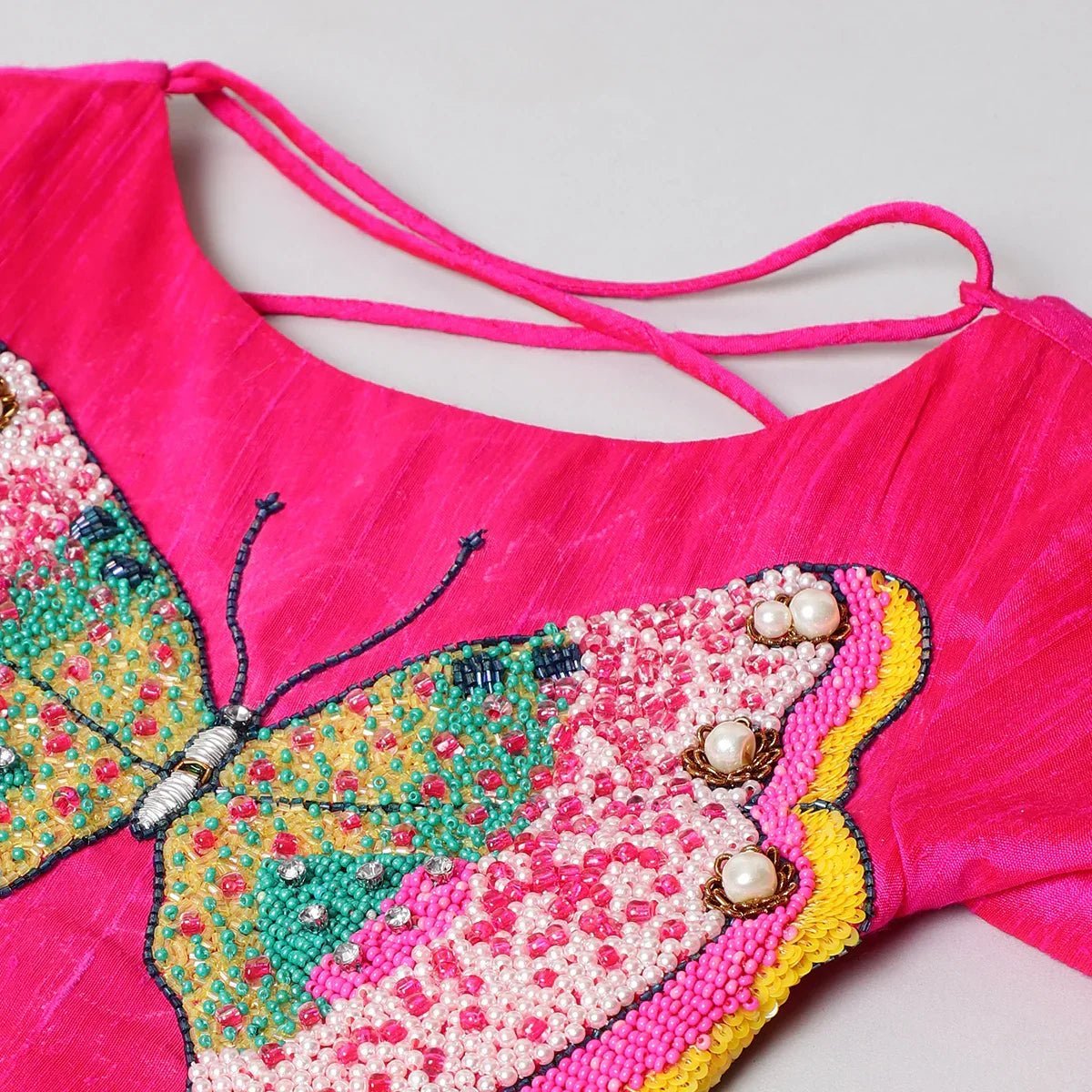 Fuchsia pink tissue silk lehenga set with butterfly embroidery for baby girls   byb premium