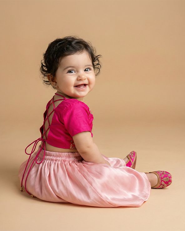 Fuchsia pink tissue silk lehenga set with butterfly embroidery for baby girls   byb premium