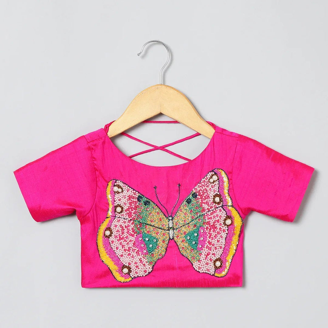 Fuchsia Pink Tissue Silk Lehenga Set with Butterfly Embroidery for Baby Girls - BYB PREMIUM
