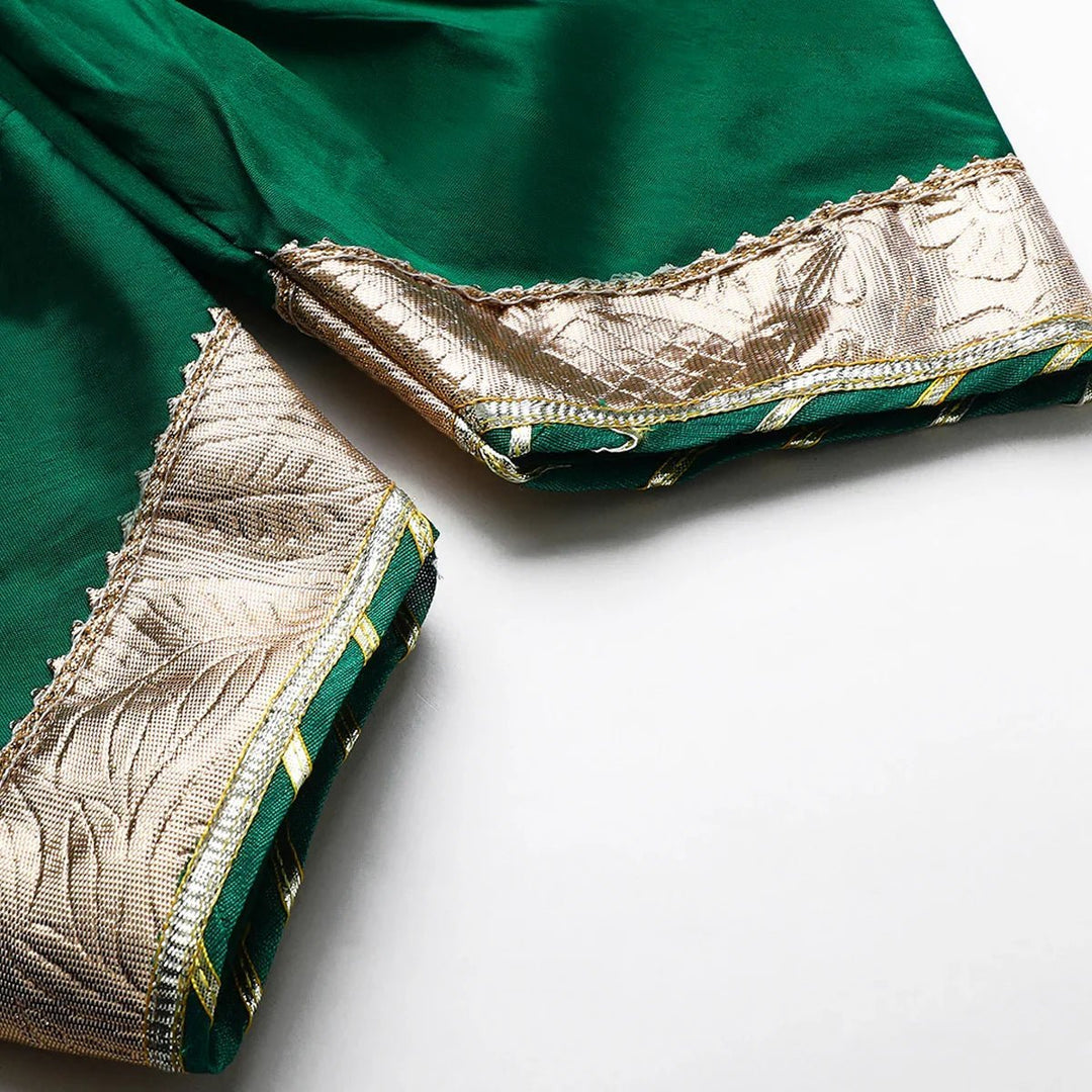 Fuchsia Pink Tissue Silk Mayurpankh Embroidered Top with Green Taffeta Dhoti - BYB PREMIUM