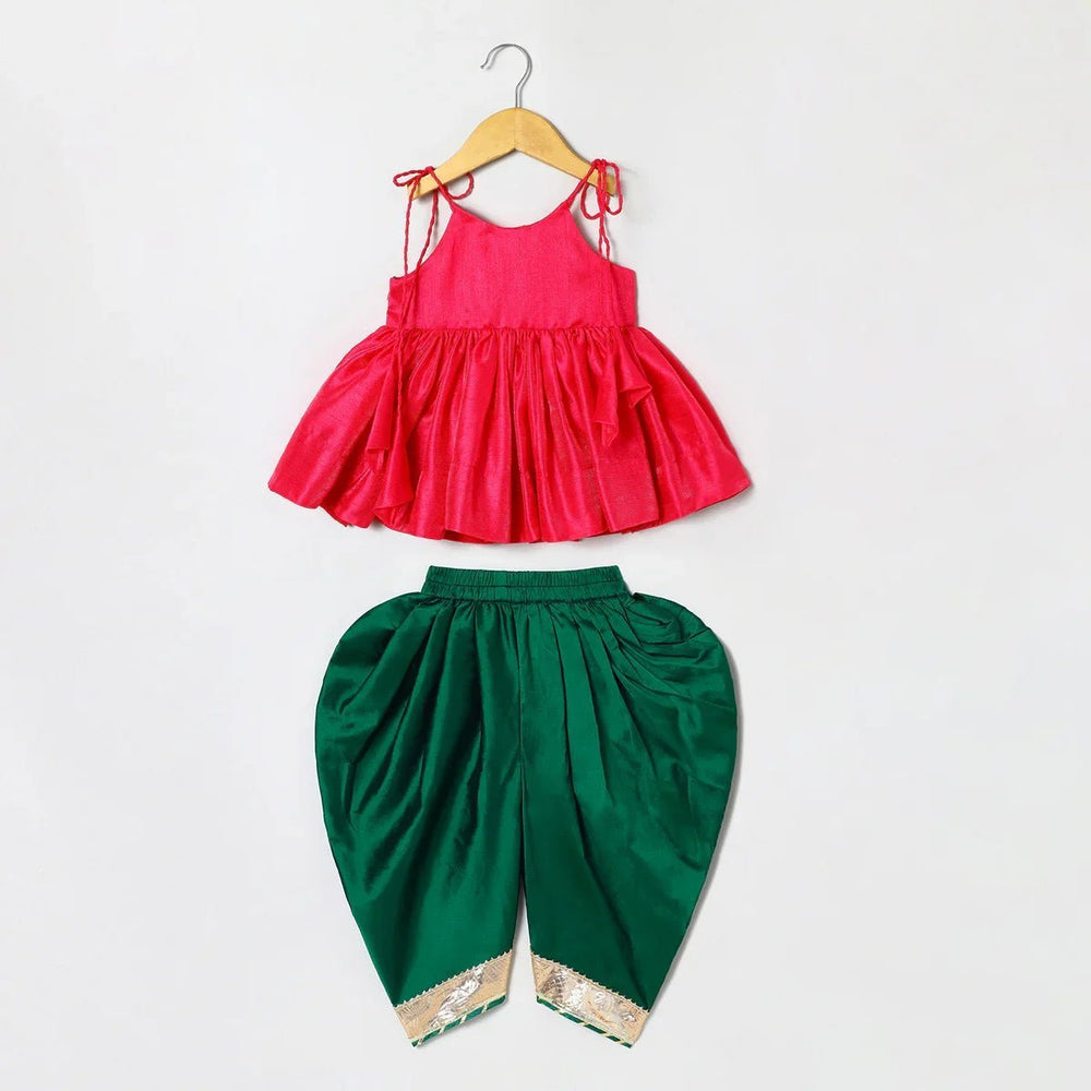 Fuchsia Pink Tissue Silk Mayurpankh Embroidered Top with Green Taffeta Dhoti - BYB PREMIUM