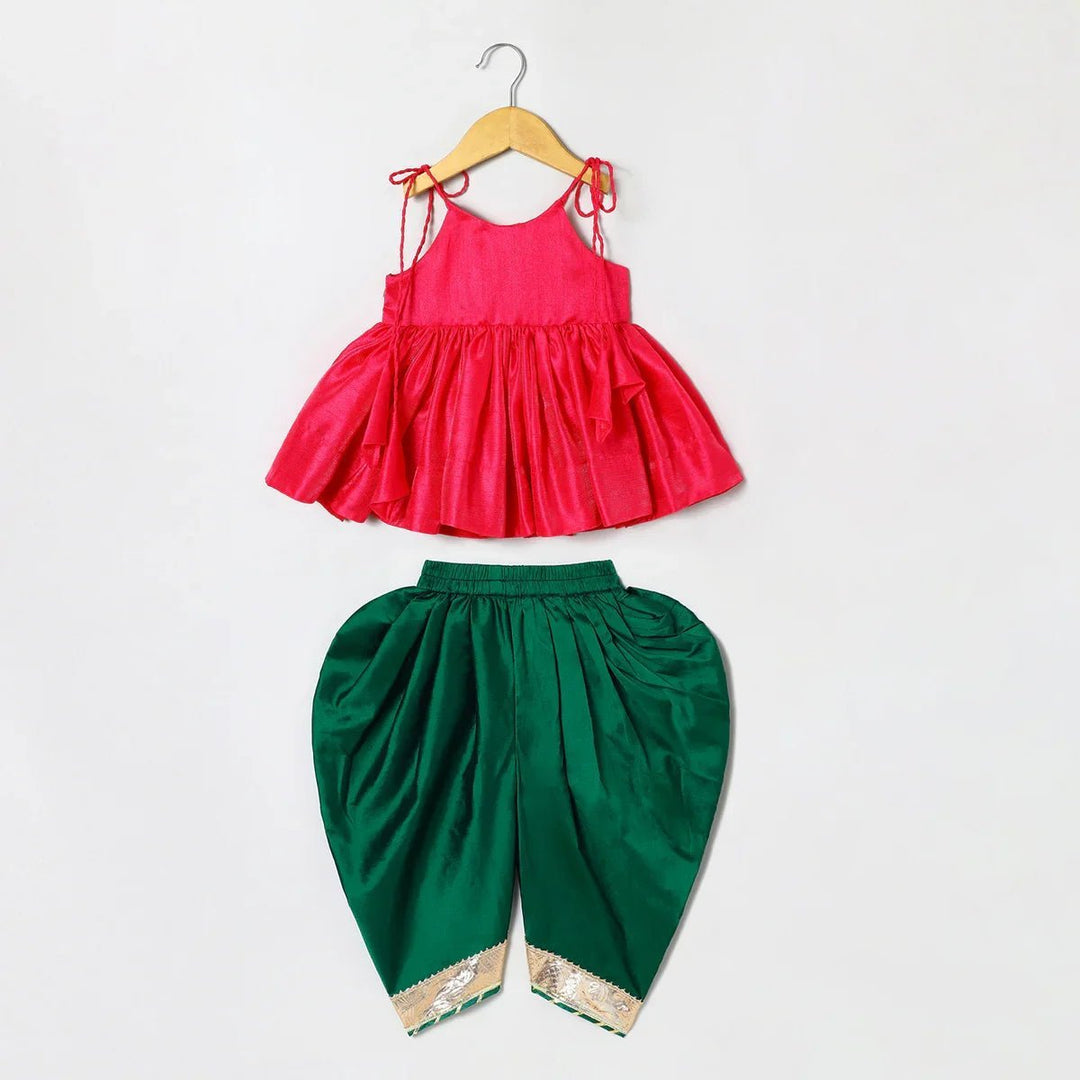 Fuchsia Pink Tissue Silk Mayurpankh Embroidered Top with Green Taffeta Dhoti - BYB PREMIUM