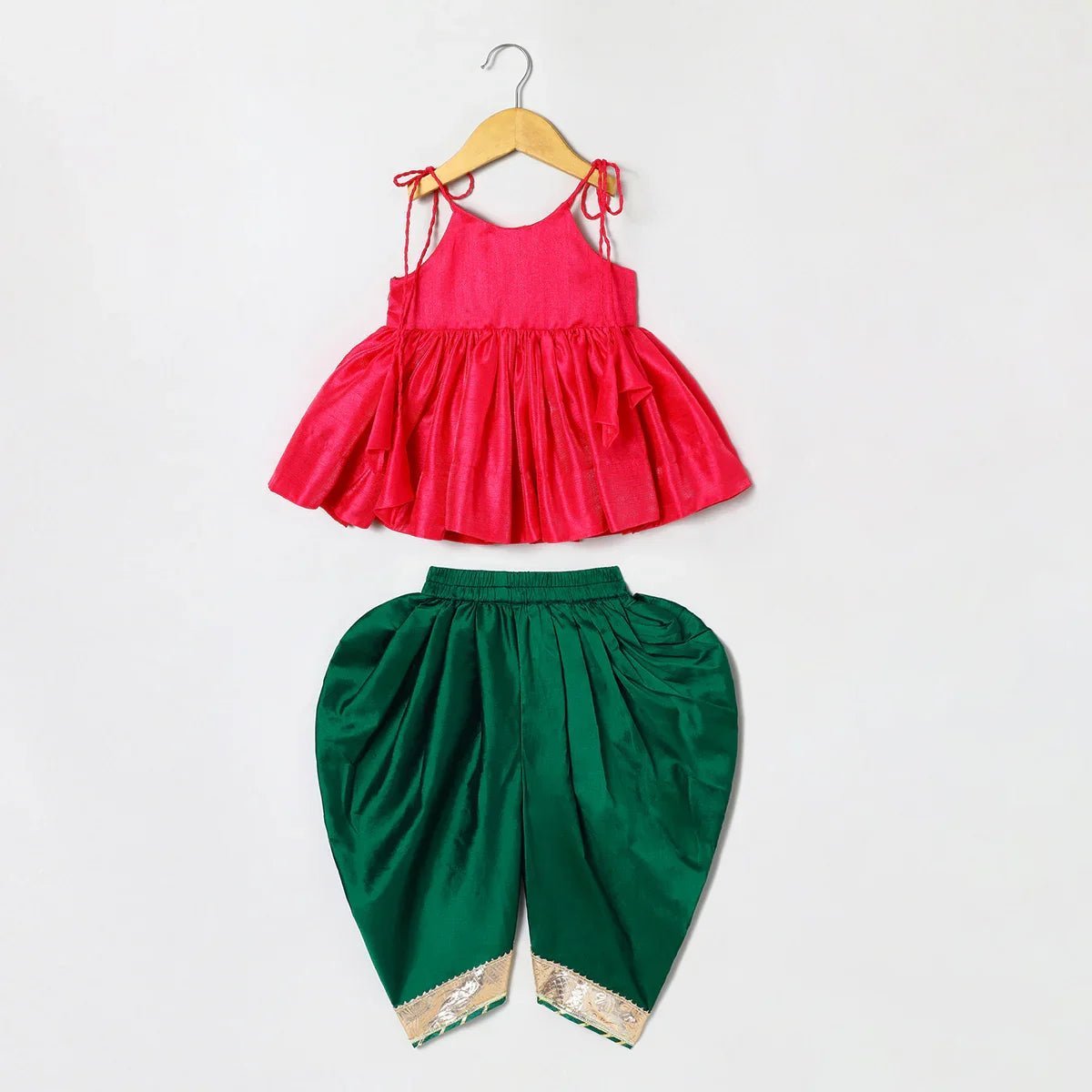 Fuchsia pink tissue silk mayurpankh embroidered top with green taffeta dhoti   byb premium