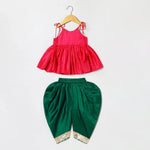 Load image into Gallery viewer, Fuchsia Pink Tissue Silk Mayurpankh Embroidered Top with Green Taffeta Dhoti - BYB PREMIUM
