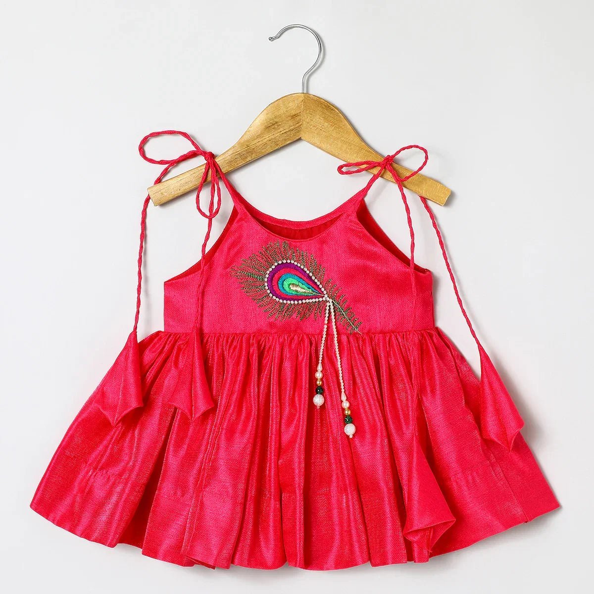 Fuchsia pink tissue silk mayurpankh embroidered top with green taffeta dhoti   byb premium