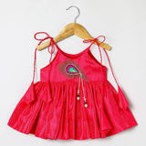 Fuchsia Pink Tissue Silk Mayurpankh Embroidered Top with Green Taffeta Dhoti - BYB PREMIUM