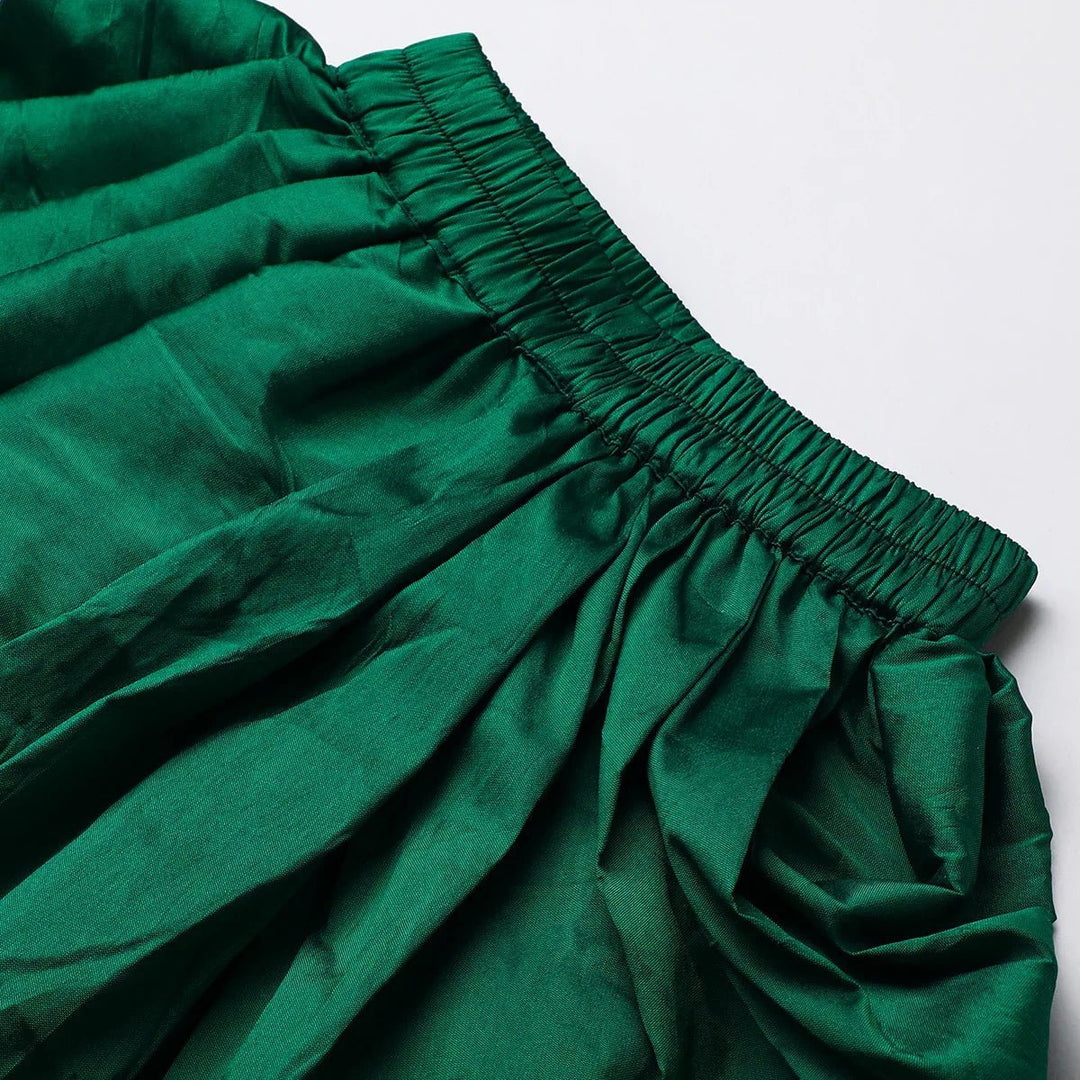 Fuchsia Pink Tissue Silk Mayurpankh Embroidered Top with Green Taffeta Dhoti - BYB PREMIUM