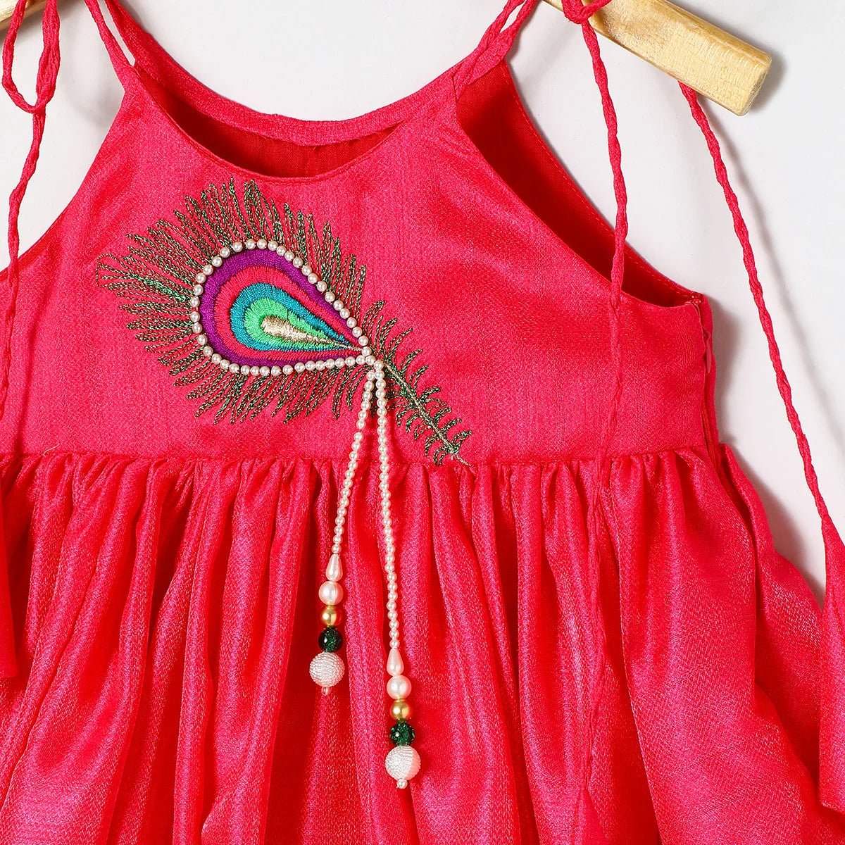 Fucshia pink tissue silk mayurpankh pearls embroidery with taffeta green dhoti   byb premium