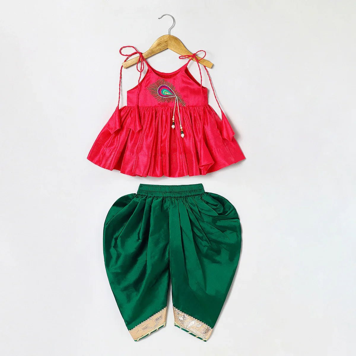 Fucshia pink tissue silk mayurpankh pearls embroidery with taffeta green dhoti   byb premium