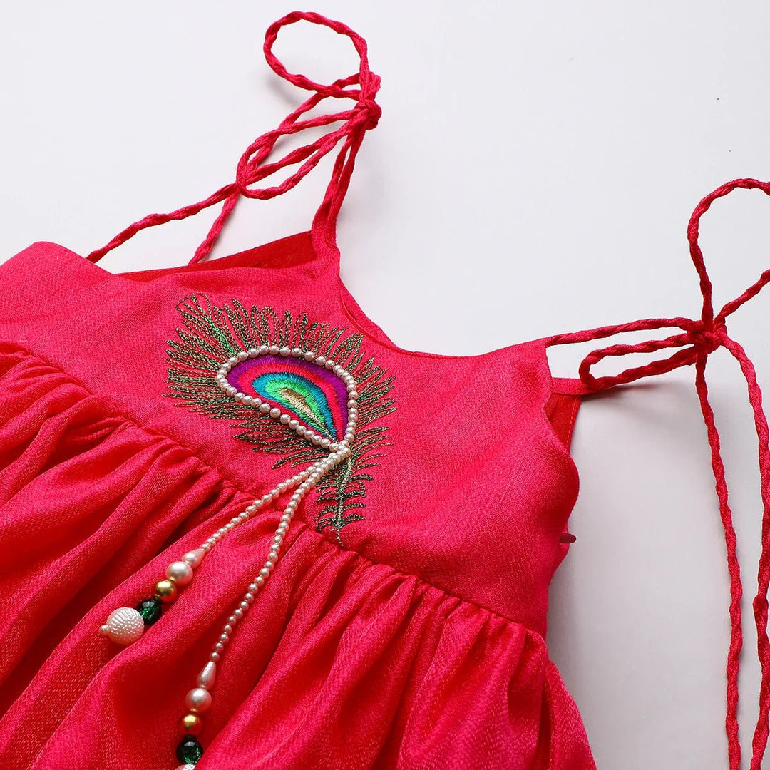 Fucshia pink tissue silk Mayurpankh pearls embroidery with taffeta Green Dhoti - BYB PREMIUM