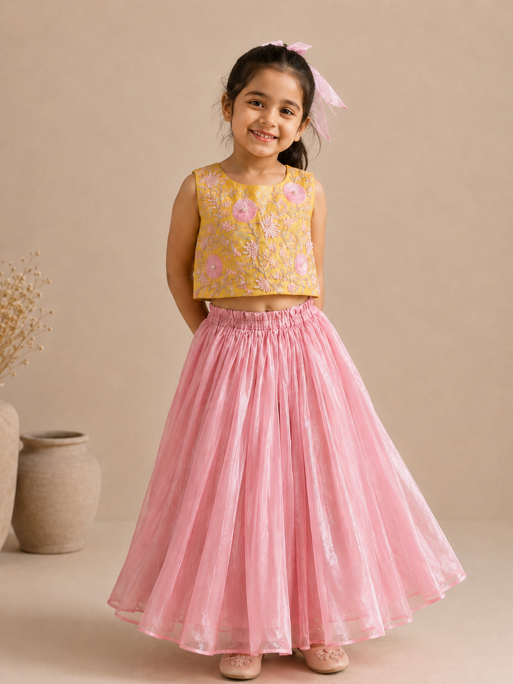 Pink Tissue Silk Girls Lehenga with Handcrafted Zardozi Embroidery
