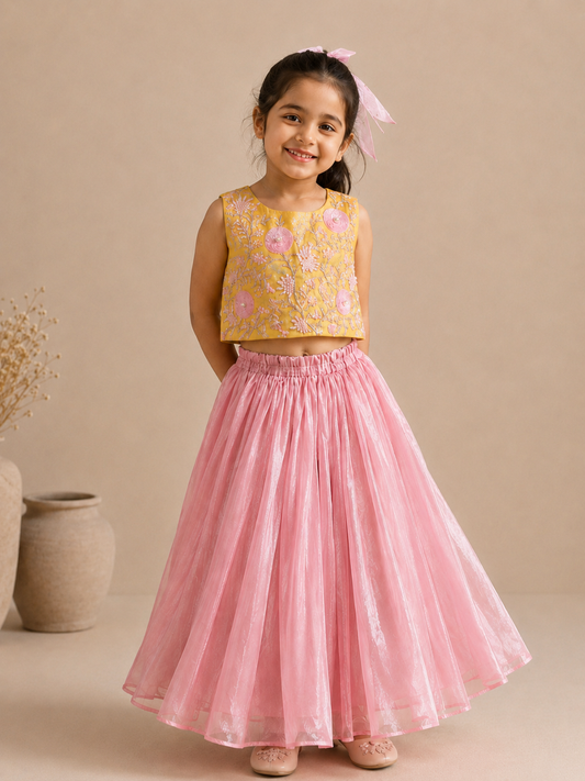 Pink Tissue Silk Girls Lehenga with Handcrafted Zardozi Embroidery