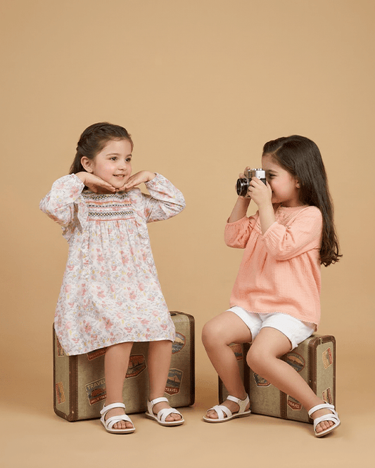 Girls Dobby Cotton Dress Combo Set ‚Äì Floral Dress & Peach Top Outfit (Pack of 2) - BYB PREMIUM