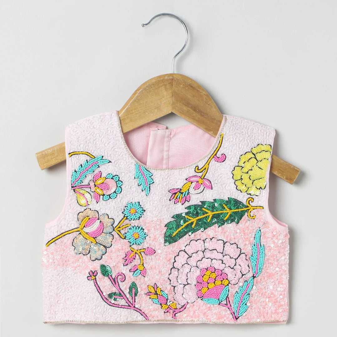 Girls Floral Embroidered Crop Top with Pink Skirt | Party & Festive Wear - BYB PREMIUM