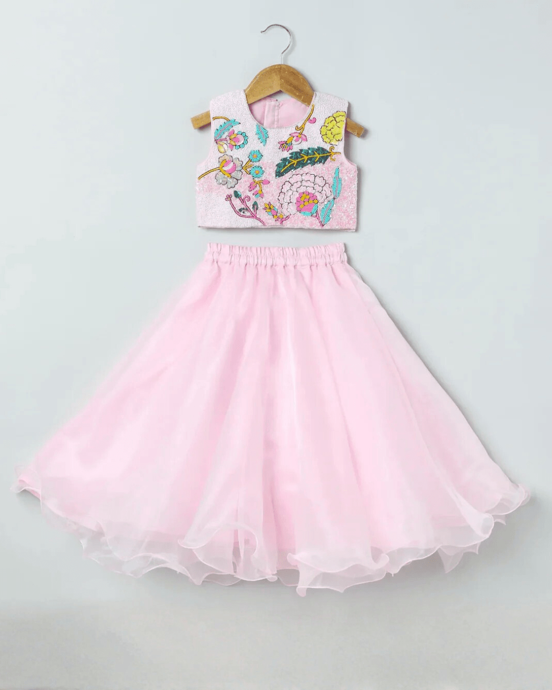 Girls floral embroidered crop top with pink skirt | party & festive wear   byb premium