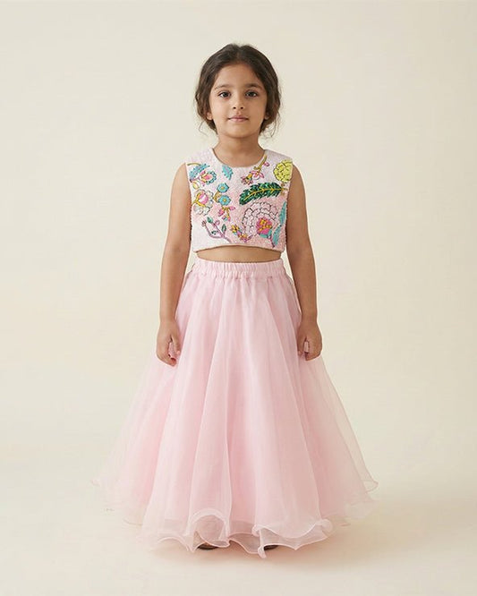 Girls Floral Embroidered Crop Top with Pink Skirt | Party & Festive Wear - BYB PREMIUM