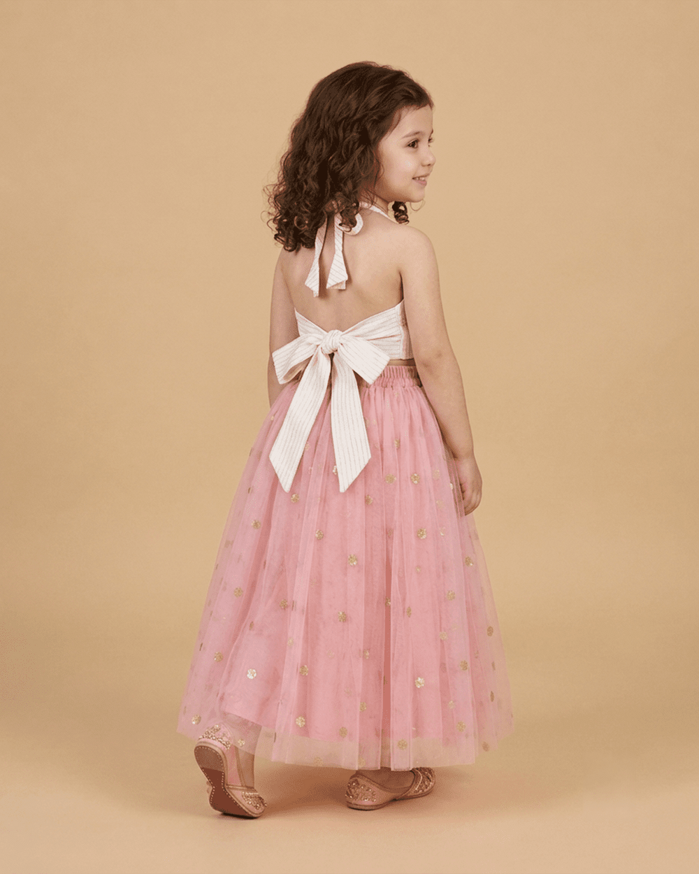 Girls Floral Embroidered Crop Top with Pink Tulle Skirt Set - BYB PREMIUM