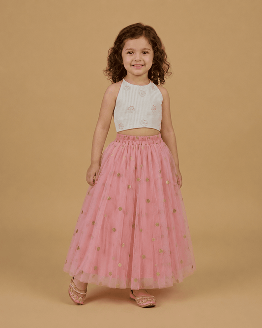 Girls Floral Embroidered Crop Top with Pink Tulle Skirt Set - BYB PREMIUM