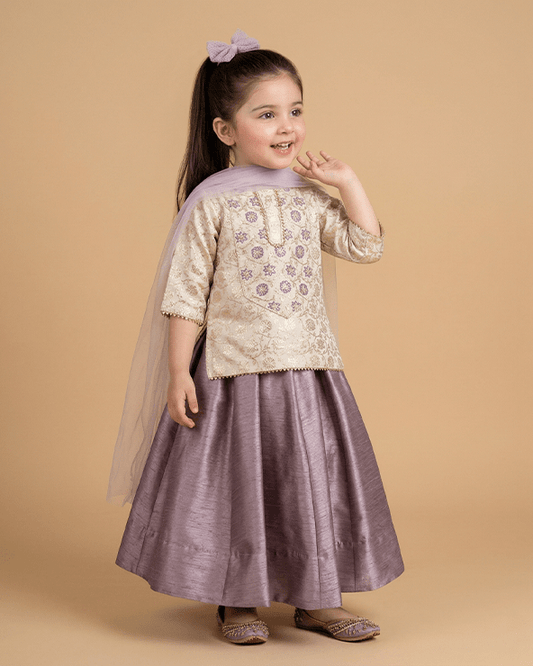 Girls Lavender Silk Lehenga Set with Embroidered Top & Dupatta ‚Äì Ethnic Wear - BYB PREMIUM