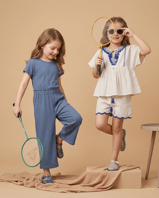Girls Linen Lurex Co-ord Combo Set ‚Äì Blue Jumpsuit & Embroidered Top with Shorts (Pack of 2) - BYB PREMIUM