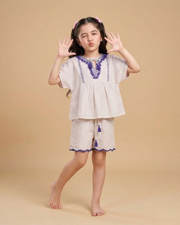 Girls Linen Lurex Co-ord Combo Set – Blue Jumpsuit & Embroidered Top with Shorts (Pack of 2) - BYB PREMIUM