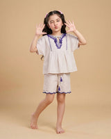 Girls Linen Lurex Co-ord Combo Set – Blue Jumpsuit & Embroidered Top with Shorts (Pack of 2) - BYB PREMIUM