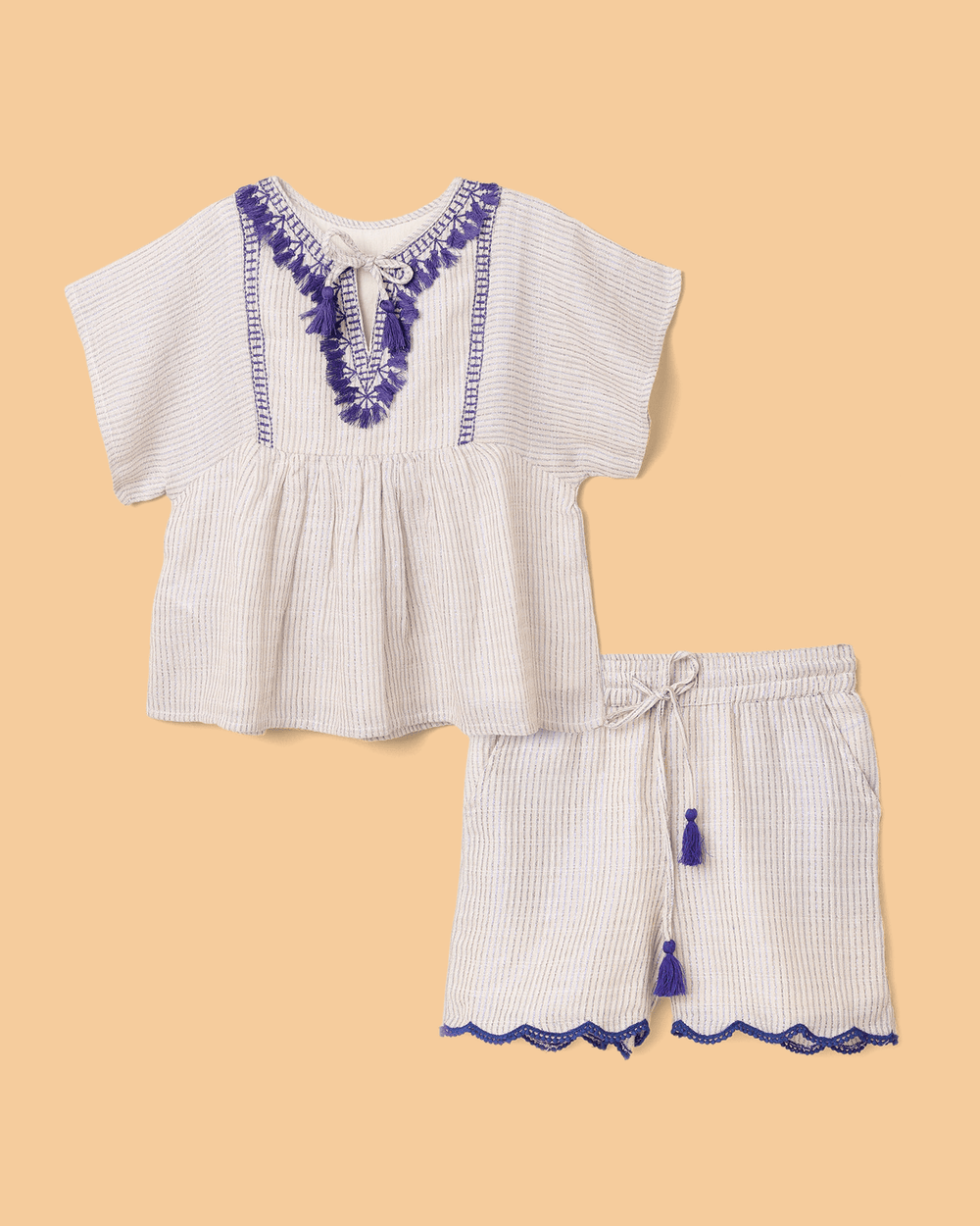 Girls Linen Lurex Co-ord Combo Set – Blue Jumpsuit & Embroidered Top with Shorts (Pack of 2) - BYB PREMIUM