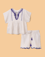 Girls Linen Lurex Co-ord Combo Set – Blue Jumpsuit & Embroidered Top with Shorts (Pack of 2) - BYB PREMIUM