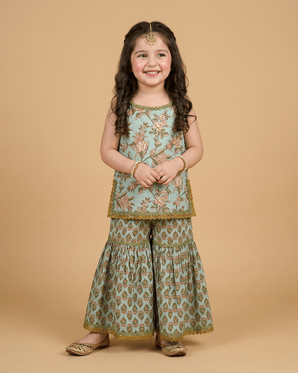 Girls Mint Green Cotton Sharara Set with Printed Top|Premium Cotton Ethnic Wear - BYB PREMIUM