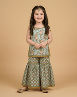Girls Mint Green Cotton Sharara Set with Printed Top|Premium Cotton Ethnic Wear - BYB PREMIUM