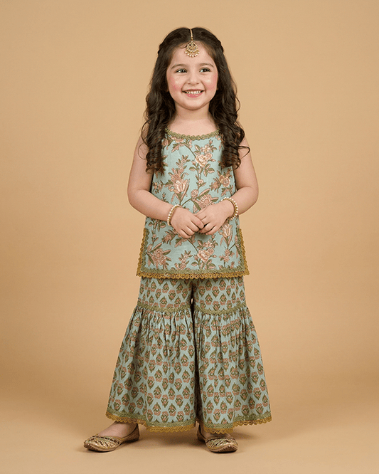 Girls Mint Green Cotton Sharara Set with Printed Top|Premium Cotton Ethnic Wear - BYB PREMIUM