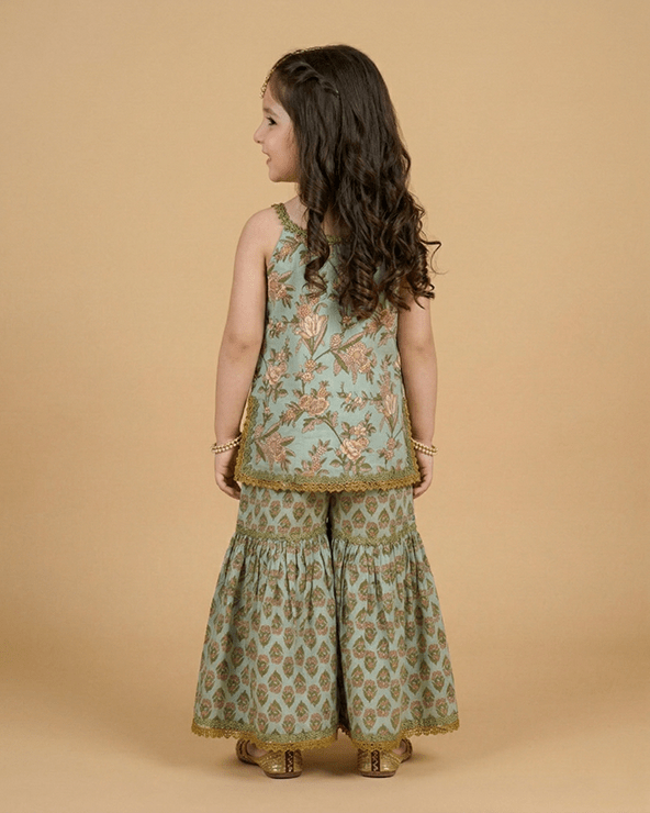 Girls Mint Green Cotton Sharara Set with Printed Top|Premium Cotton Ethnic Wear - BYB PREMIUM