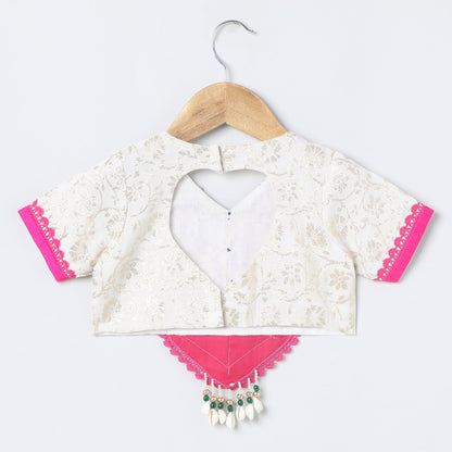 Girls Off‑White Chanderi Lehenga Set with Brocade Top, Lace & Bead Dupatta - BYB PREMIUM