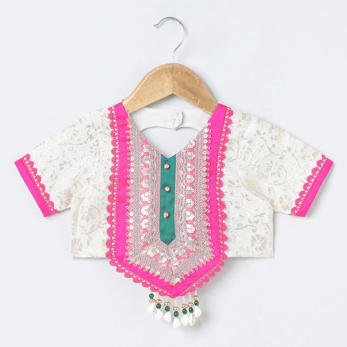 Girls off‑white chanderi lehenga set with brocade top, lace & bead dupatta   byb premium