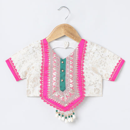 Girls Off‑White Chanderi Lehenga Set with Brocade Top, Lace & Bead Dupatta - BYB PREMIUM