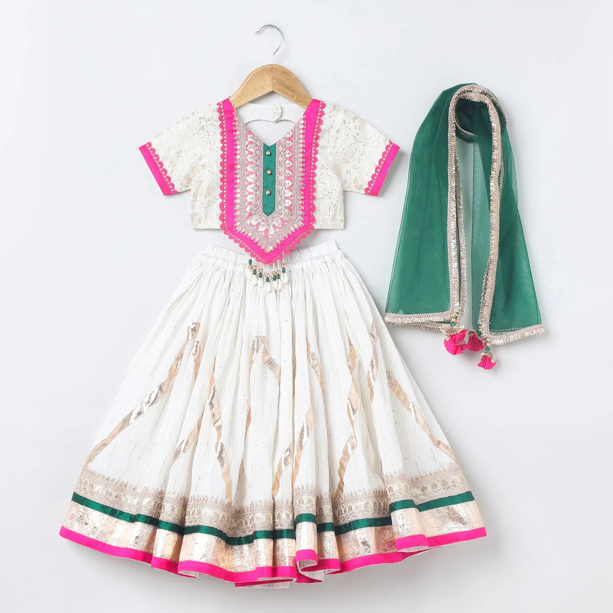 Girls off‑white chanderi lehenga set with brocade top, lace & bead dupatta   byb premium