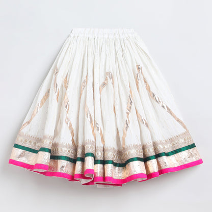 Girls Off‑White Chanderi Lehenga Set with Brocade Top, Lace & Bead Dupatta - BYB PREMIUM