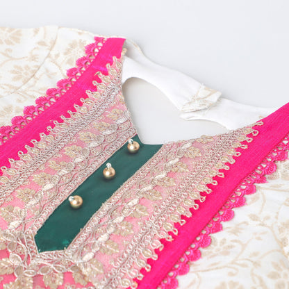 Girls Off‑White Chanderi Lehenga Set with Brocade Top, Lace & Bead Dupatta - BYB PREMIUM
