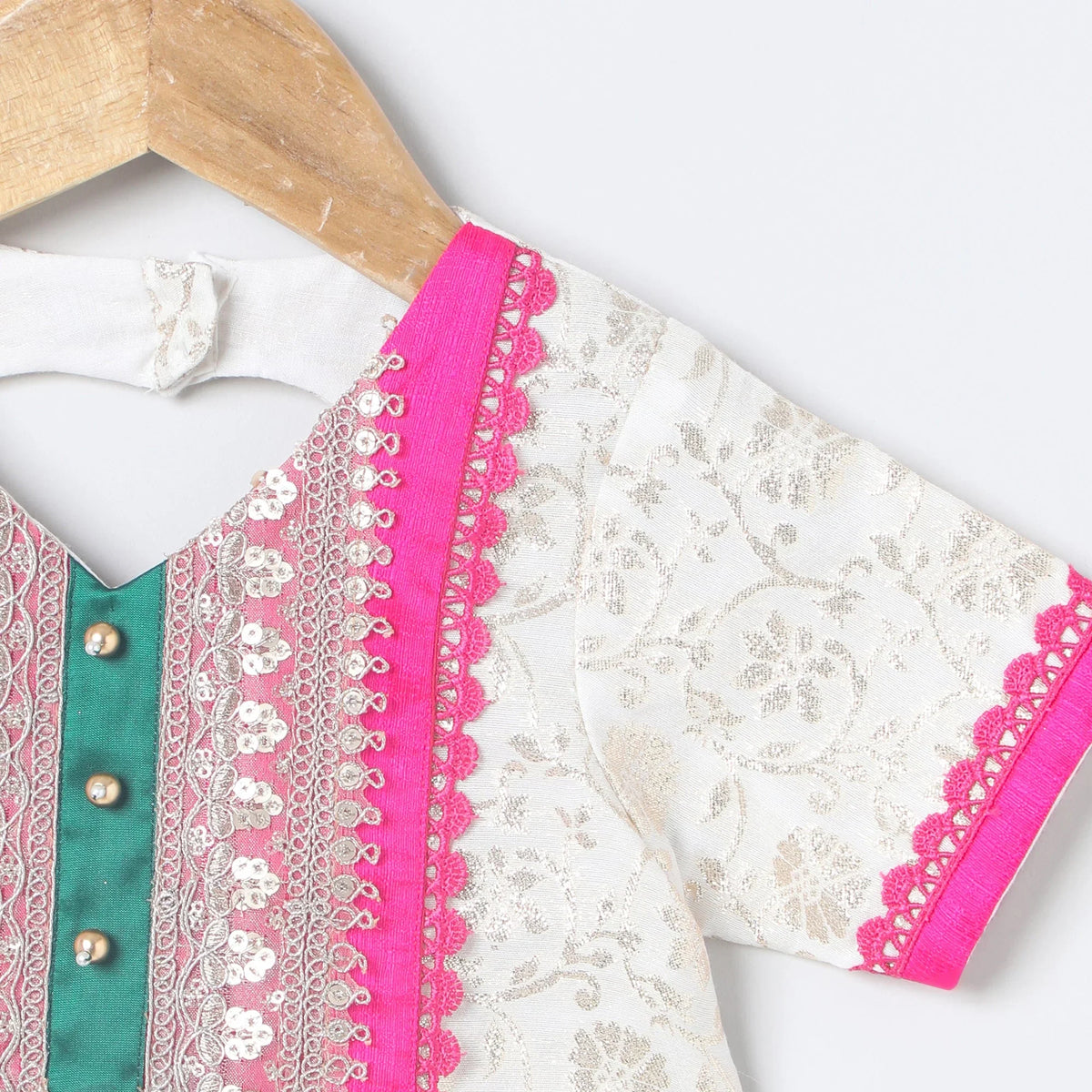 Girls off‑white chanderi lehenga set with brocade top, lace & bead dupatta   byb premium