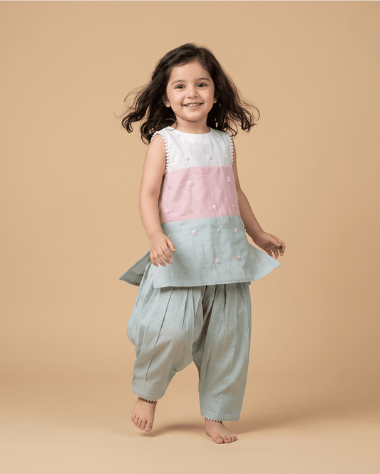 Girls Pastel Chanderi Peplum Kurta Set with Dhoti Pants - BYB PREMIUM