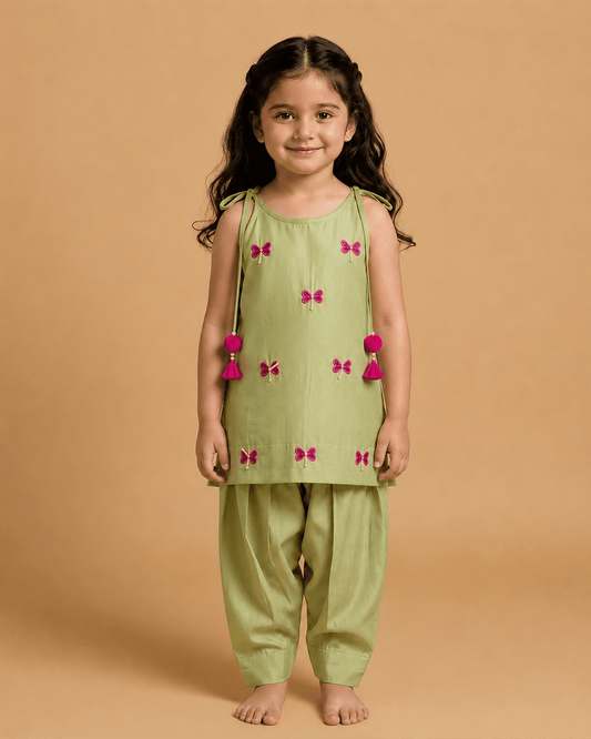 Girls Pastel Green Chanderi Kurta with Dhoti Pants - BYB PREMIUM