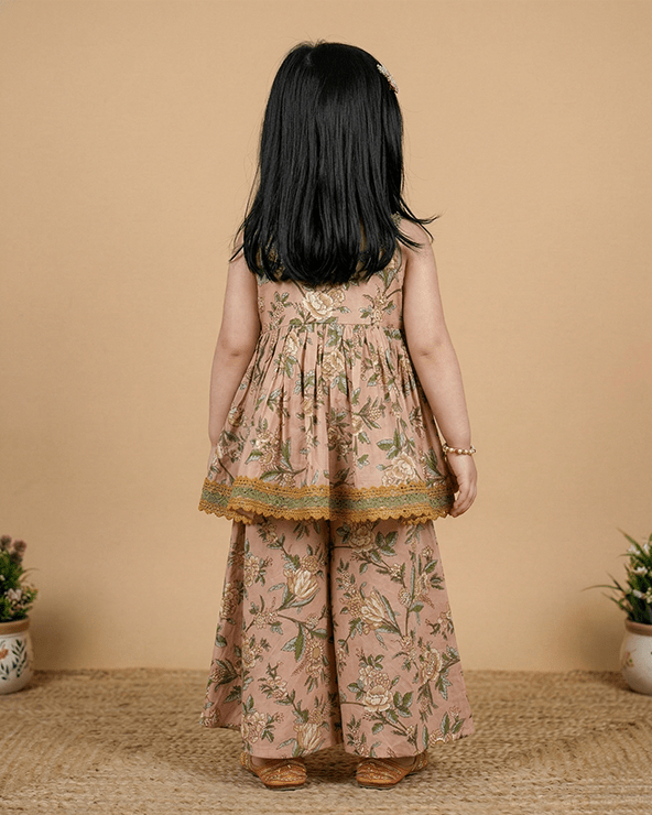 Girls Peach Cotton Sharara Set with Printed Peplum Top| Premium Cotton Ethnic Wear - BYB PREMIUM