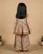 Load image into Gallery viewer, Girls Peach Cotton Sharara Set with Printed Peplum Top| Premium Cotton Ethnic Wear - BYB PREMIUM

